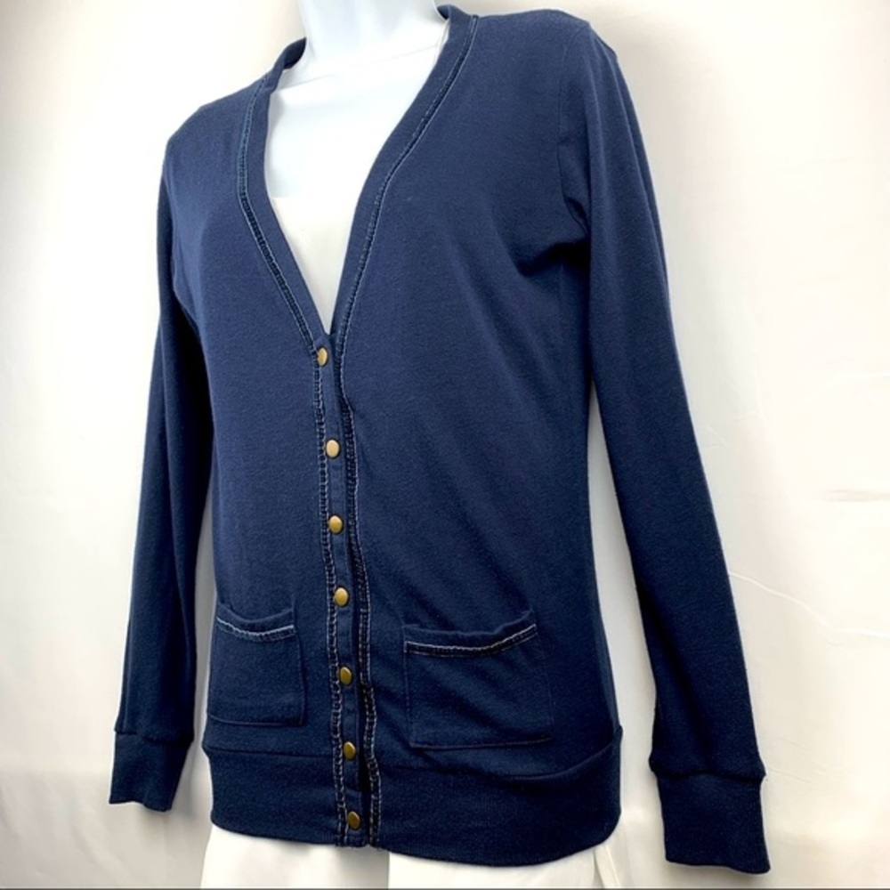 Story Navy Blue Snap Button Down V-neck Cardigan
